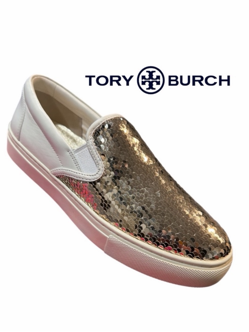 Tory‎ Burch Gold Sequin Women’s Slip-On  Reversible Sequin Sneakers - Size 8